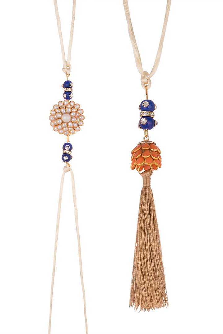 Gold Finish Floral Pacchi Rakhi & Lumba Set by SONNET at Pernia's Pop Up Shop