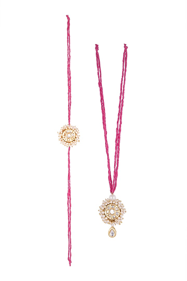 Gold Finish Baby Pearl Enamled Rakhi & Lumba Set by SONNET at Pernia's Pop Up Shop