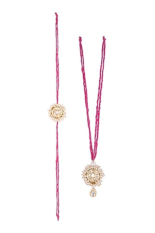 Gold Finish Baby Pearl Enamled Rakhi & Lumba Set by SONNET