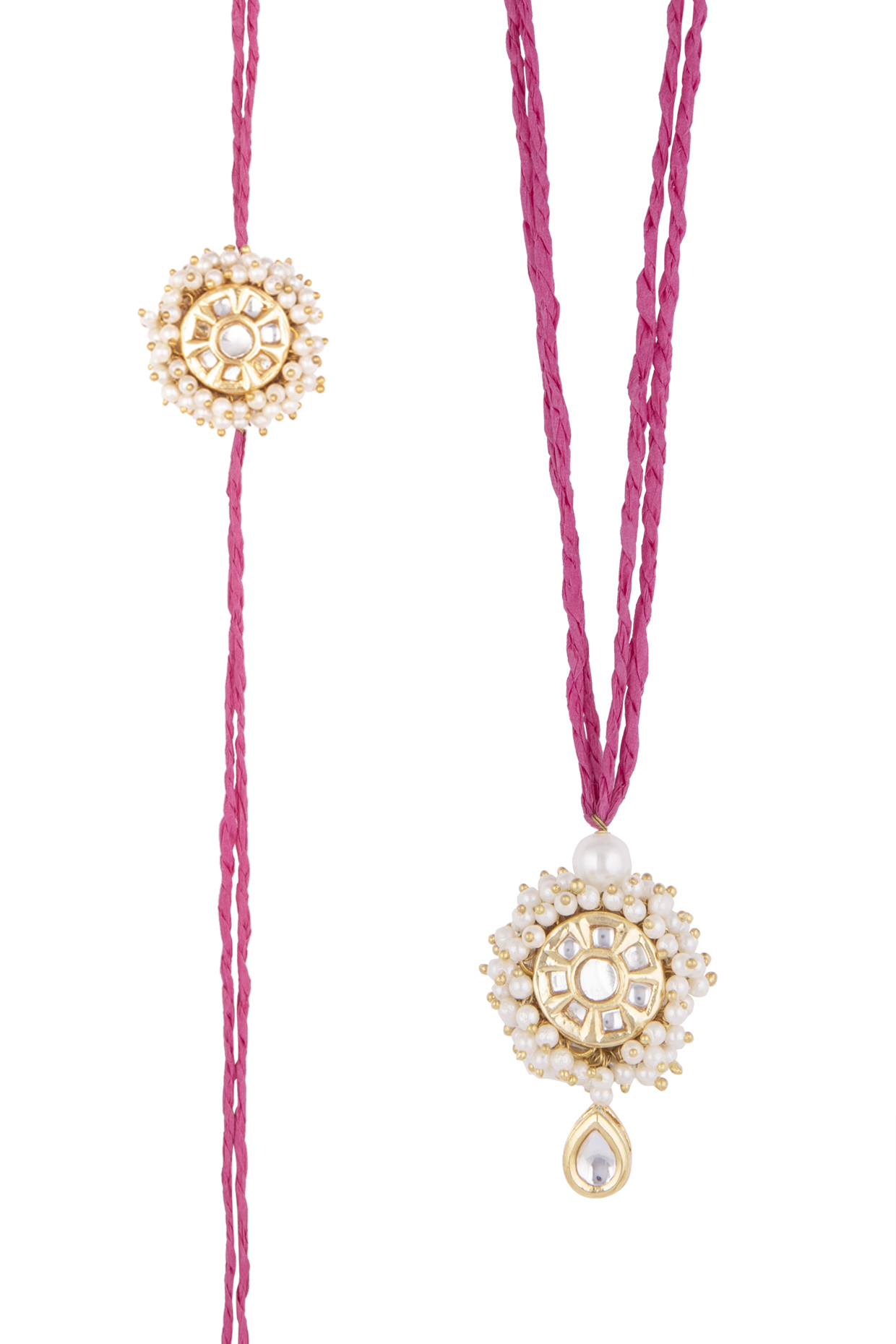 Gold Finish Baby Pearl Enamled Rakhi & Lumba Set by SONNET at Pernia's Pop Up Shop