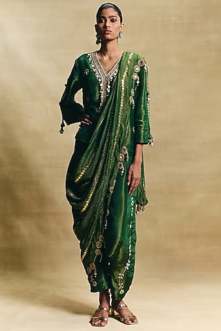 Green Crepe Tissue Low-Crotch Pant Set by Sonam Luthria