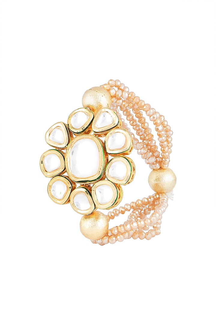 Matte Gold Finish Peach Crystal & Kundan Flower Adjustable Bracelet by Shillpa Purii at Pernia's Pop Up Shop