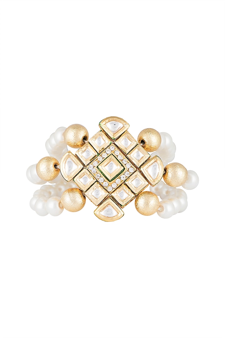 Matte Gold Finish 3 Line Pearls & Kundan Adjustable Bracelet by Shillpa Purii