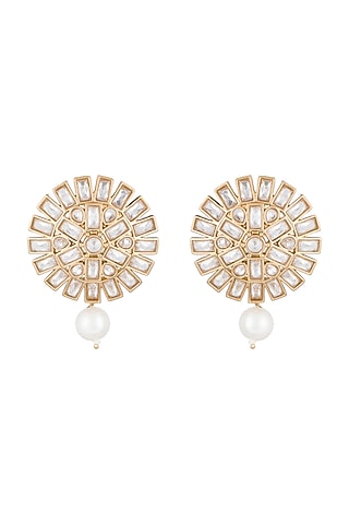 Matte Gold Finish Uncut Flower Pearl Drop & Stone Stud Earrings by Shillpa Purii