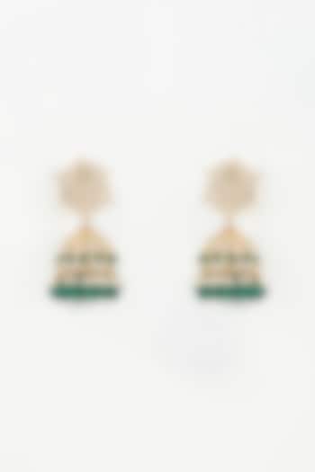 Gold Finish Kundan Polki & Emerald Jhumka Earrings by Shillpa Purii