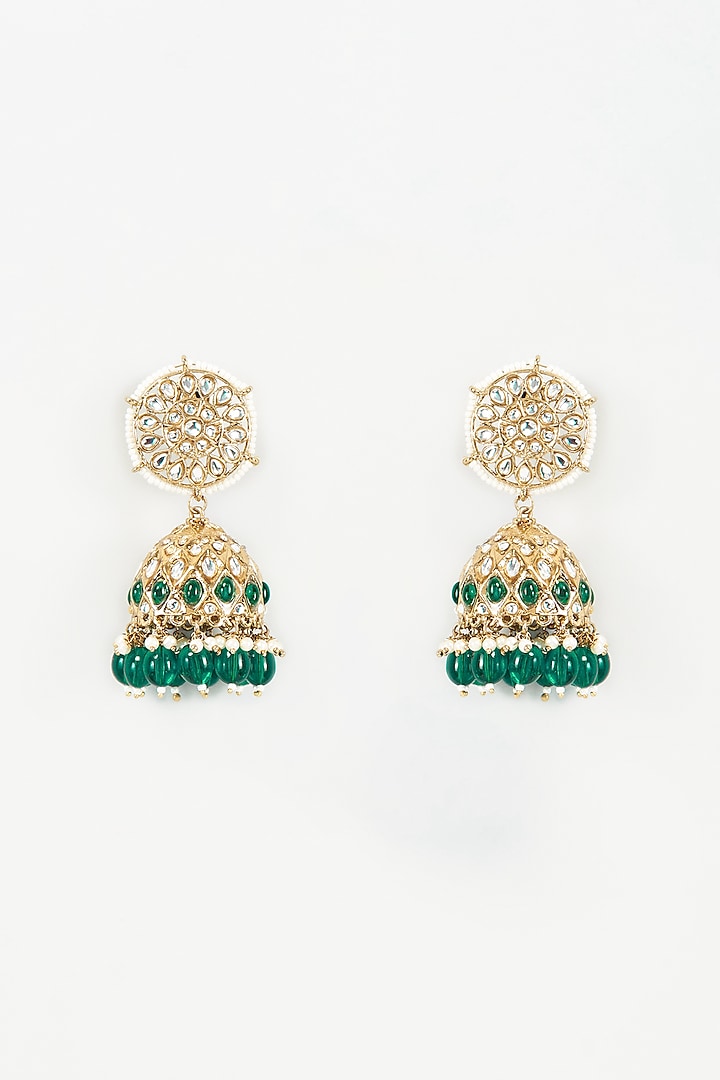 Gold Finish Kundan Polki & Emerald Jhumka Earrings by Shillpa Purii