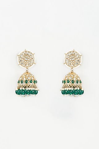 Gold Finish Kundan Polki & Emerald Jhumka Earrings by Shillpa Purii
