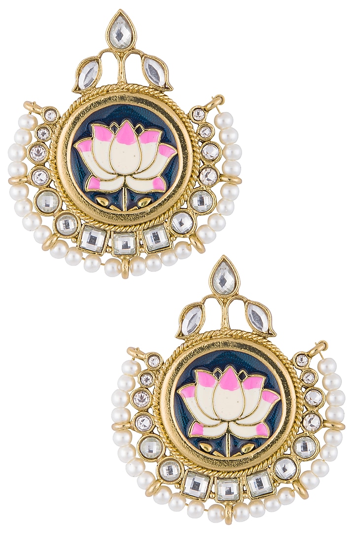 Gold plated meenakari lotus earrings by Shillpa Purii