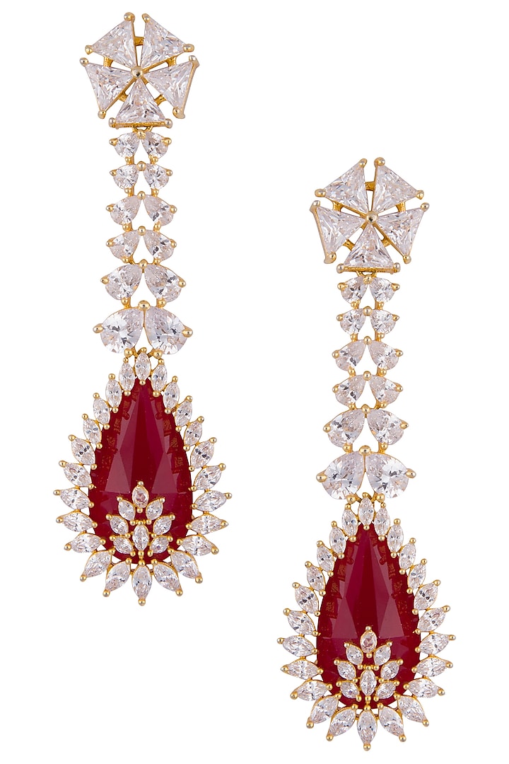 Gold plated red dangler earrings by Shillpa Purii