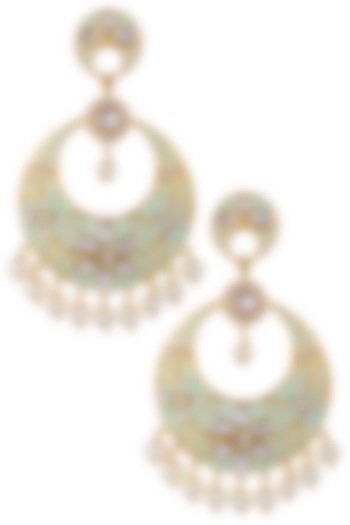 Gold plated pastel green chandbali earrings by Shillpa Purii