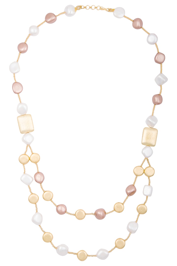 Gold plated pearl double layered necklace by Shillpa Purii