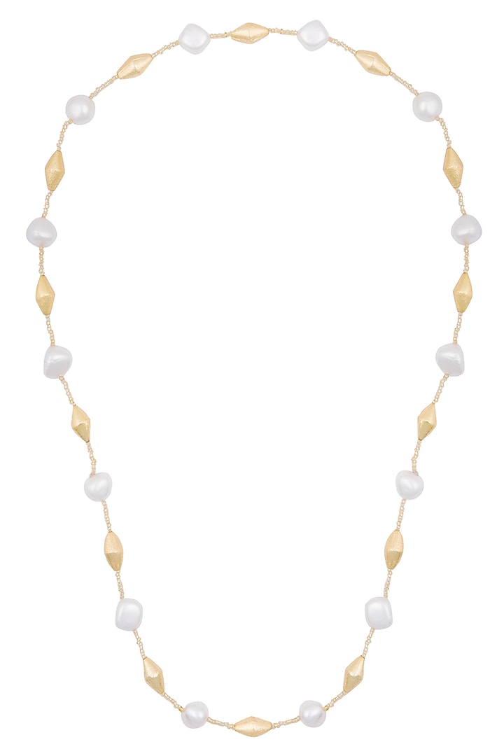 Gold plated pearl long necklace by Shillpa Purii