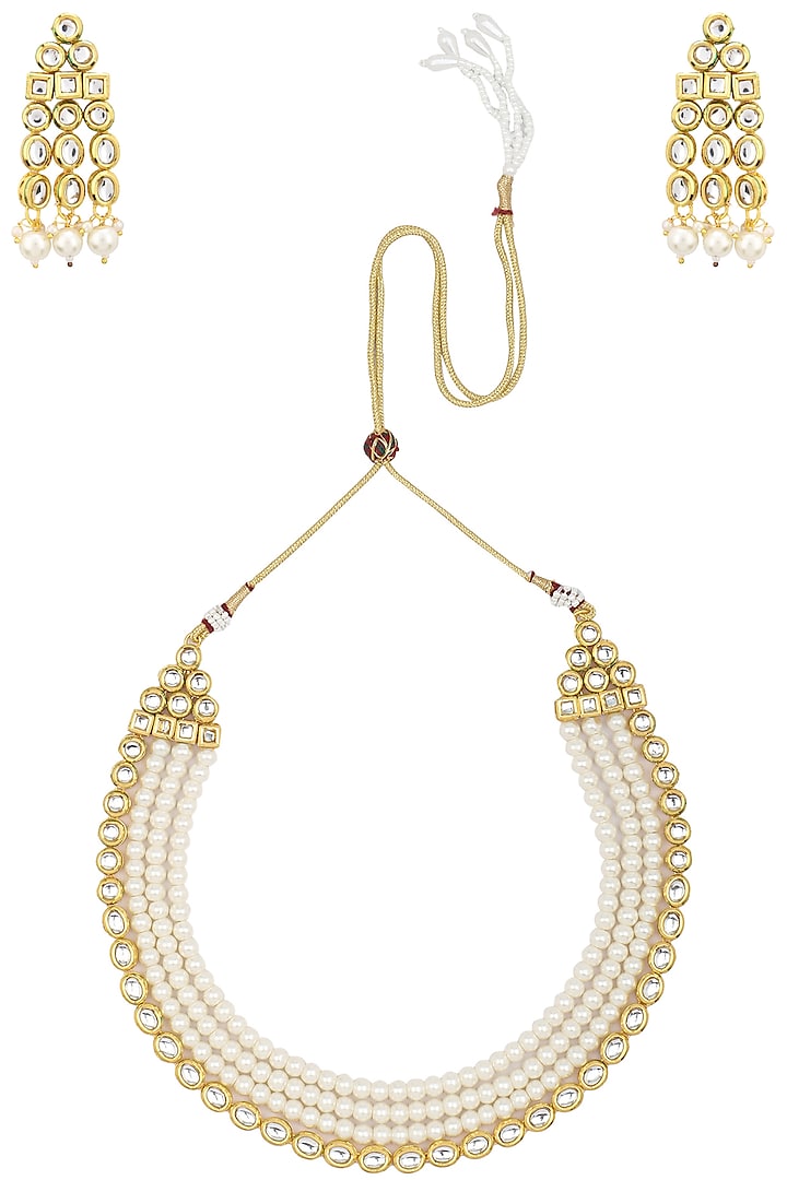 Gold Finish Layered Kundan and Pearls Necklace Set by Shillpa Purii