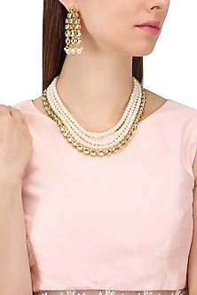 18K Gold Plated Zinc Alloy Matte Finish Kundan and Pearl Work Chandbali Earrings for Women