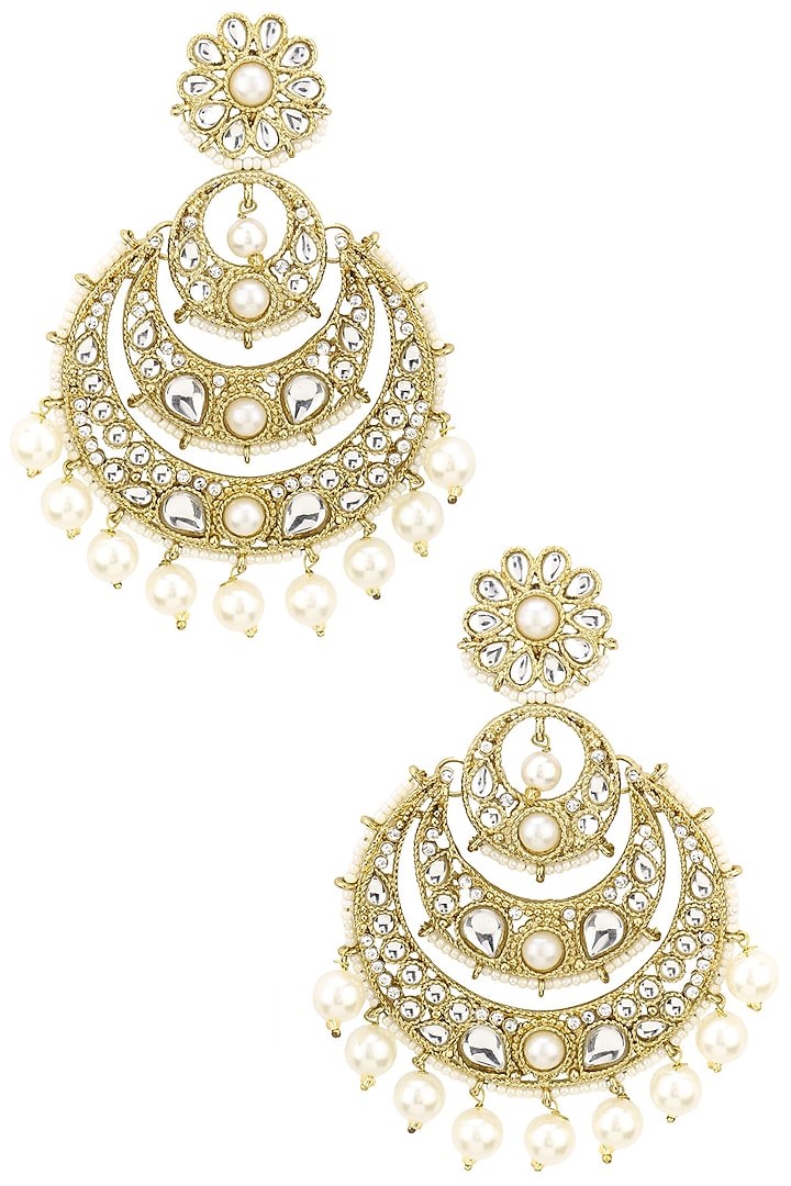 Gold Finish Kundan and Pearls Chandbali Earrings by Shillpa Purii