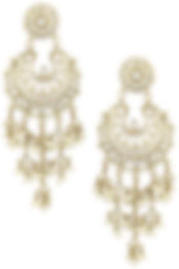 Gold finish kundan and white meena work chandbali earrings available only at Pernia's Pop Up Shop.