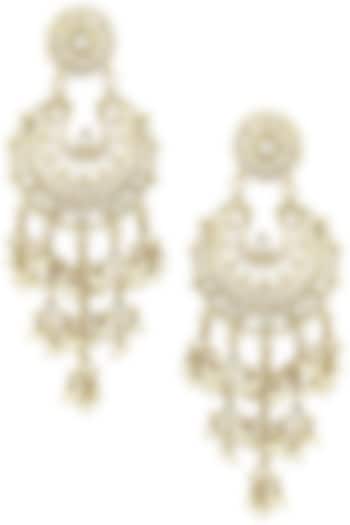 Gold Finish Kundan and White Meena Work Chandbali Earrings by Shillpa Purii