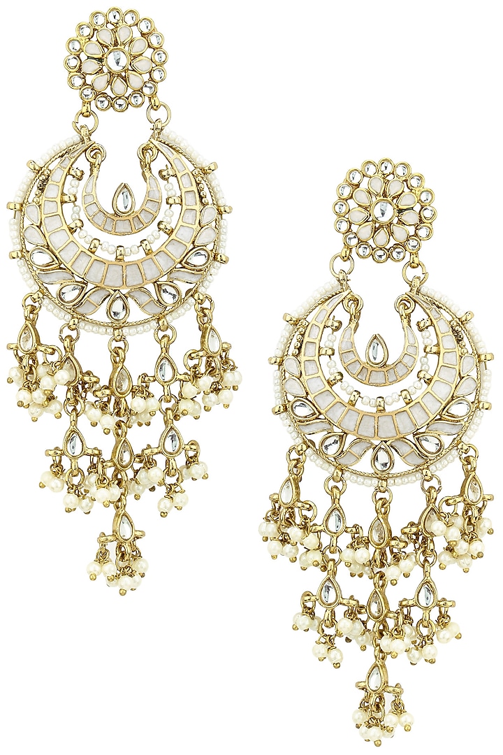 Gold Finish Kundan and White Meena Work Chandbali Earrings by Shillpa Purii
