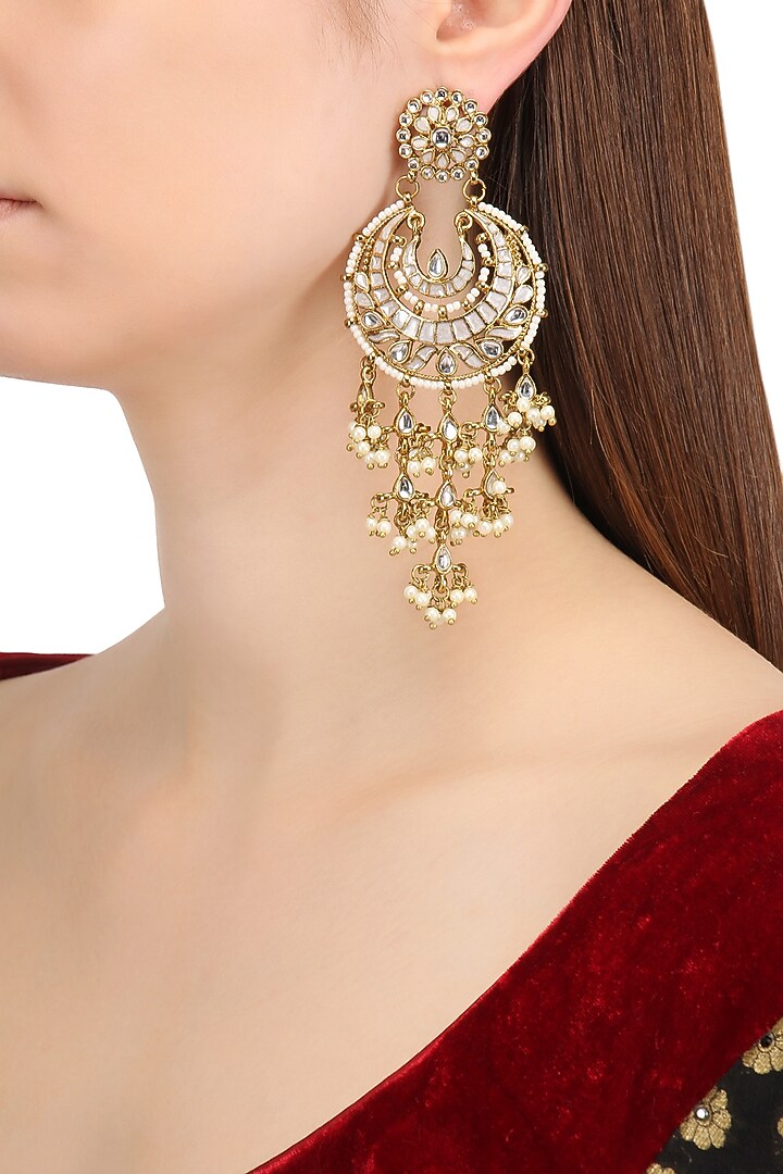 Gold finish kundan and white meena work chandbali earrings available only at Pernia's Pop Up Shop.