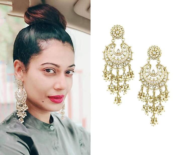 Gold finish kundan and white meena work chandbali earrings available only at Pernia's Pop Up Shop.