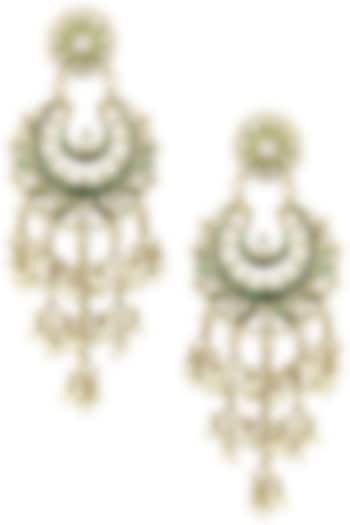 Gold Finish Kundan and Green Meena Work Chandbali Earrings by Shillpa Purii