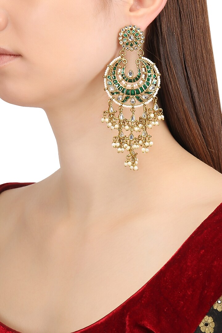 Gold finish kundan and green meena work chandbali earrings available only at Pernia's Pop Up Shop.