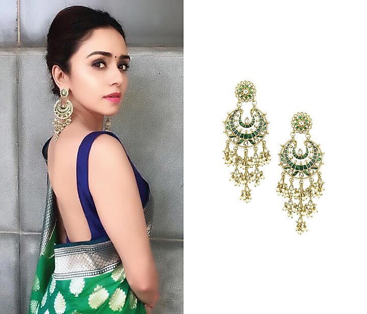 Gold finish kundan and green meena work chandbali earrings available only at Pernia's Pop Up Shop.