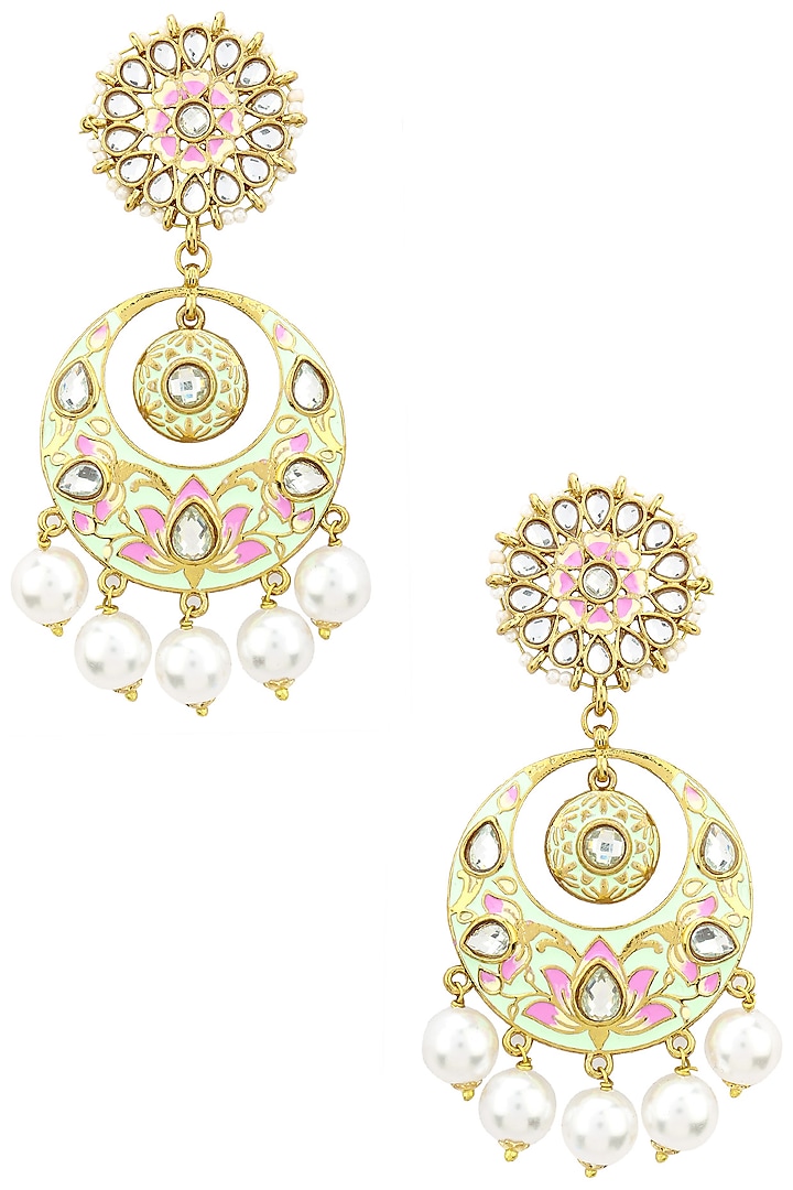 Gold Finish Kundan, Mint Green and Pink Meena Work Chandbali Earrings by Shillpa Purii