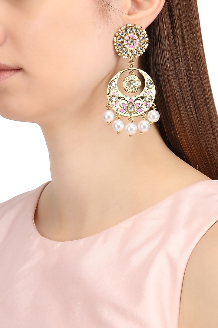 Gold finish kundan, mint green and pink meena work chandbali earrings available only at Pernia's Pop Up Shop.