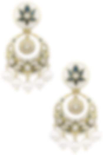 Gold Finish Kundan, Navy Blue and White Meena Work Chandbali Earrings by Shillpa Purii