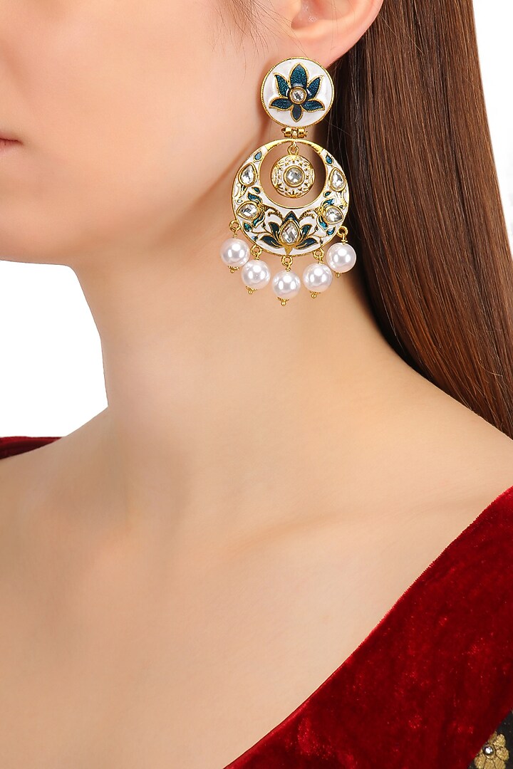 Gold Plated Traditional Kundan Pearl with Meena Work Chandbali Earrings with Maang Tikka Set for Women/Girls