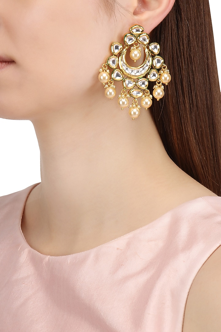 Gold finish kundan and pearls abstract chandbali earrings available only at Pernia's Pop Up Shop.