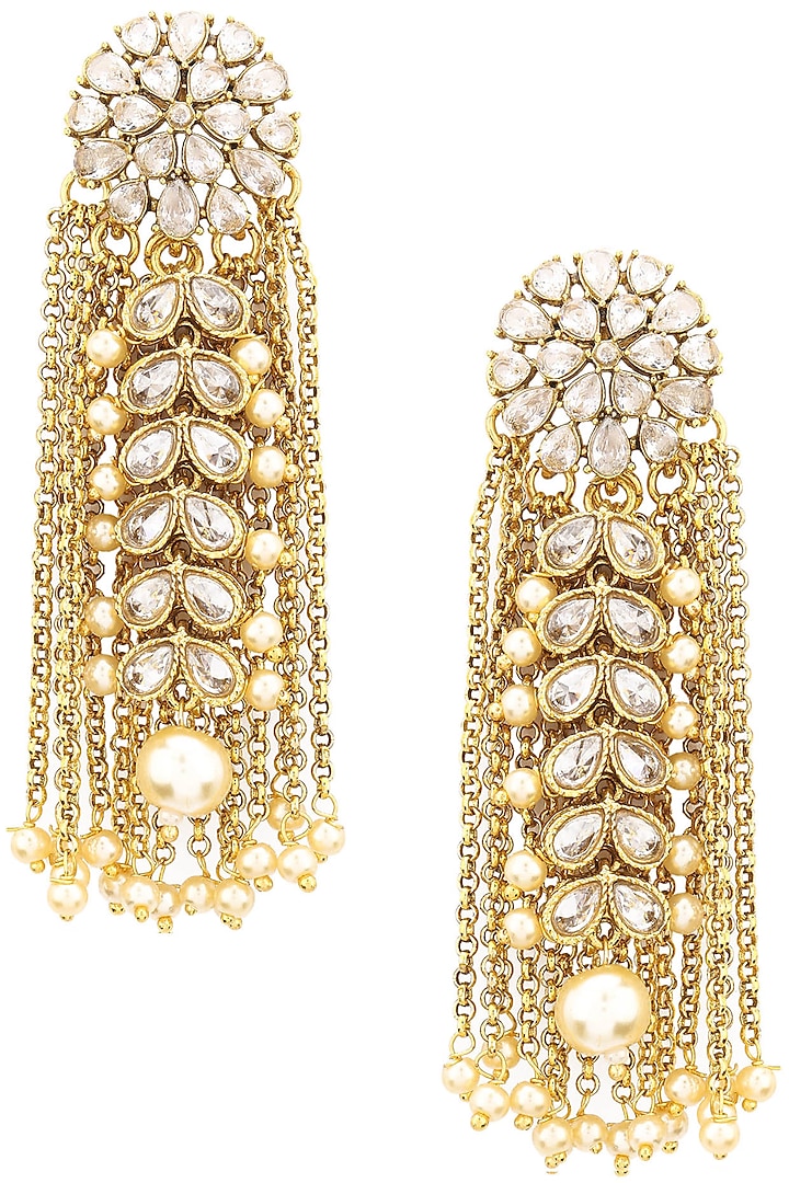 Gold Finish Kundan and Chain Tassels Earrings by Shillpa Purii
