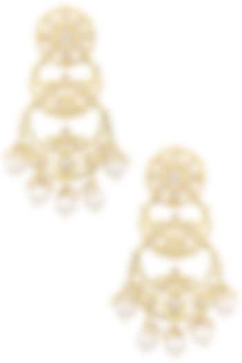 Gold Finish Double Layered Kundan and Pearls Chandbali Earrings by Shillpa Purii