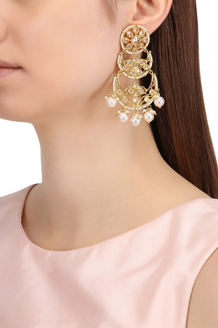 Gold finish double layered kundan and pearls chandbali earrings available only at Pernia's Pop Up Shop.