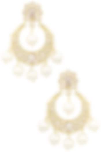 Gold Finish Single Layer Kundan and Pearls Chandbali Earrings by Shillpa Purii