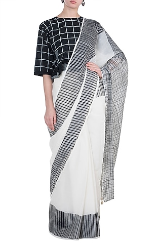 Ivory Hand Block Printed Saree by BANANA Labs