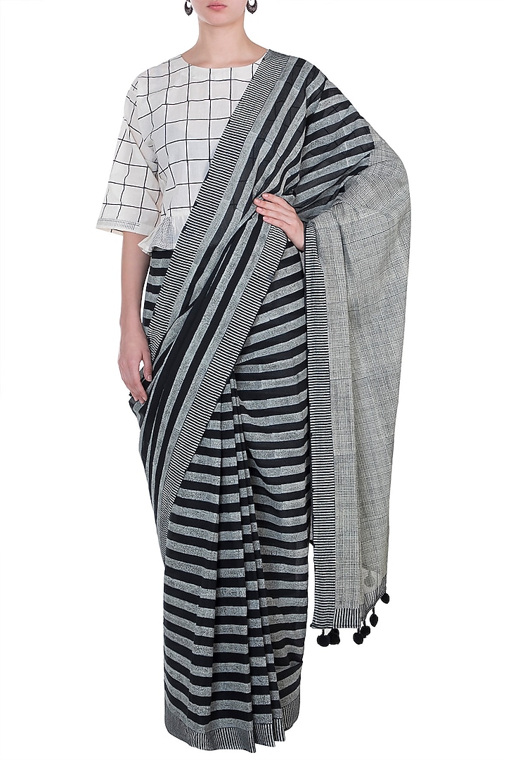 Black Geometric Block Printed Saree by BANANA Labs at Pernia's Pop Up Shop