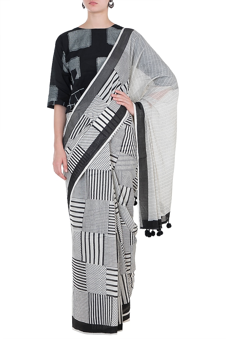 Ivory Hand Block Printed Saree by BANANA Labs at Pernia's Pop Up Shop