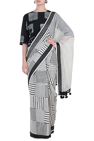 Ivory Hand Block Printed Saree by BANANA Labs