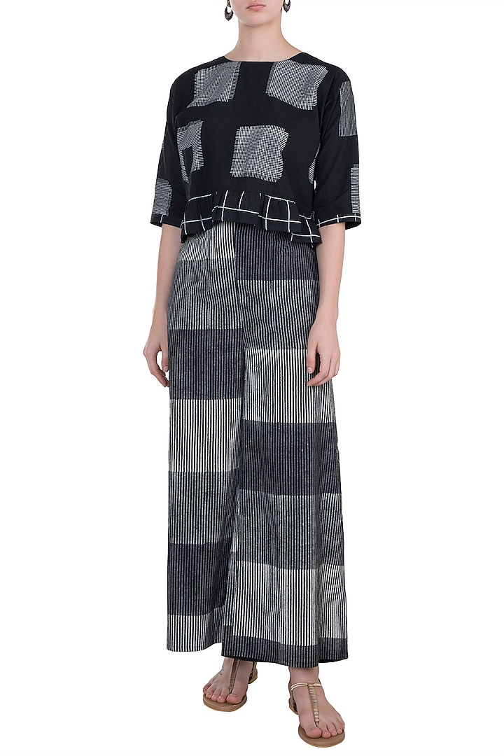 Black & Ivory Hand Block Printed Palazzo Pants by BANANA Labs at Pernia's Pop Up Shop