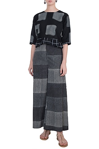 Black & Ivory Hand Block Printed Palazzo Pants by BANANA Labs