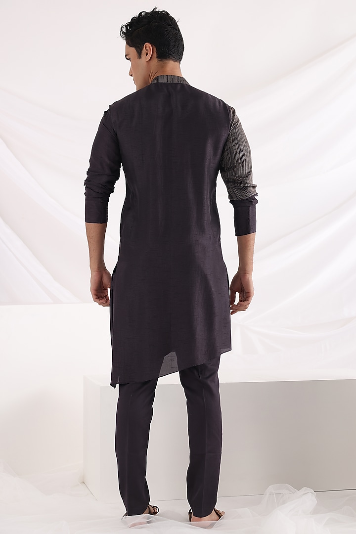 Charcoal Black Linen Satin Thread Work Nehru Jacket Set by Smriti By Anju Agarwal Men at Pernia's Pop Up Shop