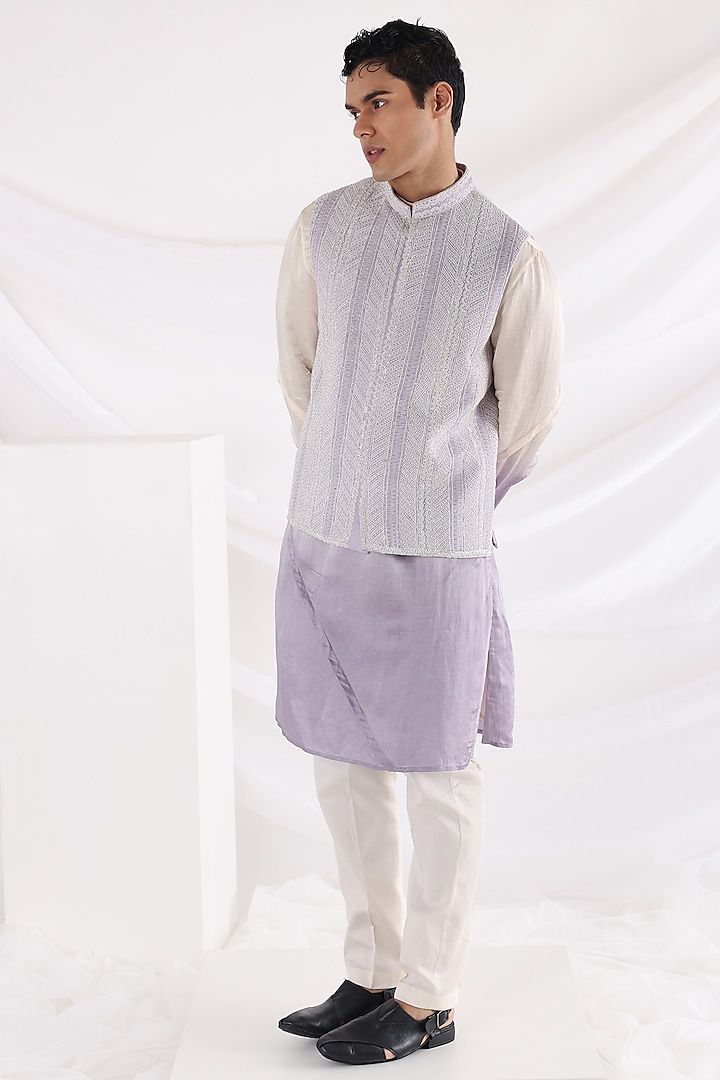 Lavender Linen Satin Nehru Jacket by Smriti By Anju Agarwal Men