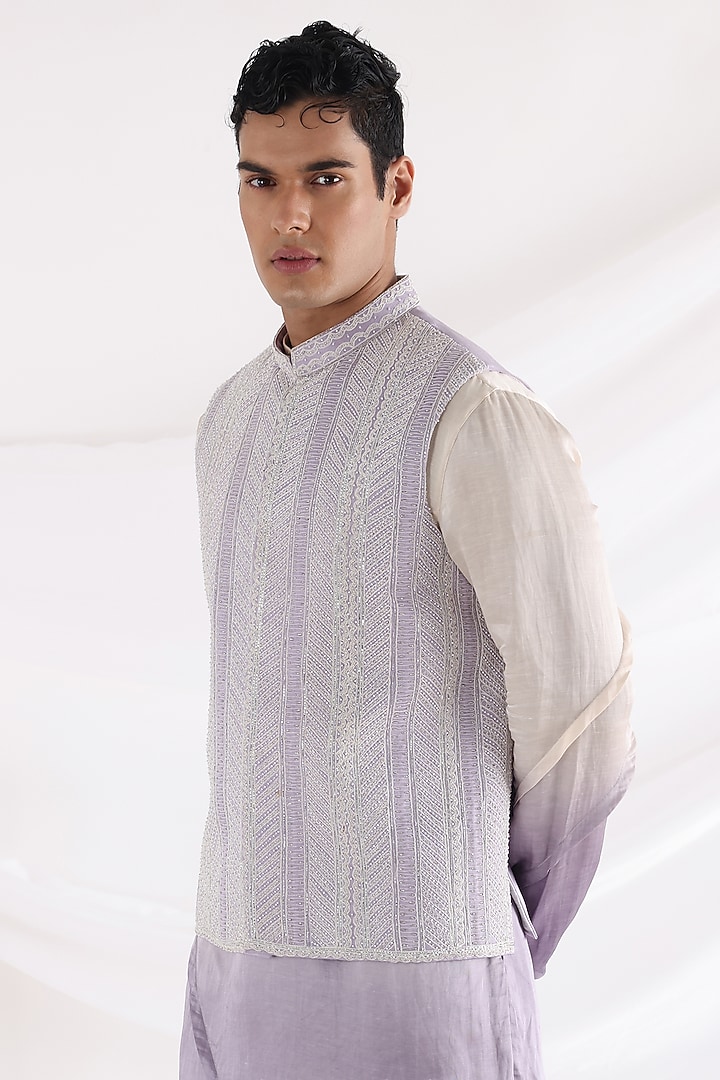 Lavender Linen Satin Nehru Jacket by Smriti By Anju Agarwal Men at Pernia's Pop Up Shop