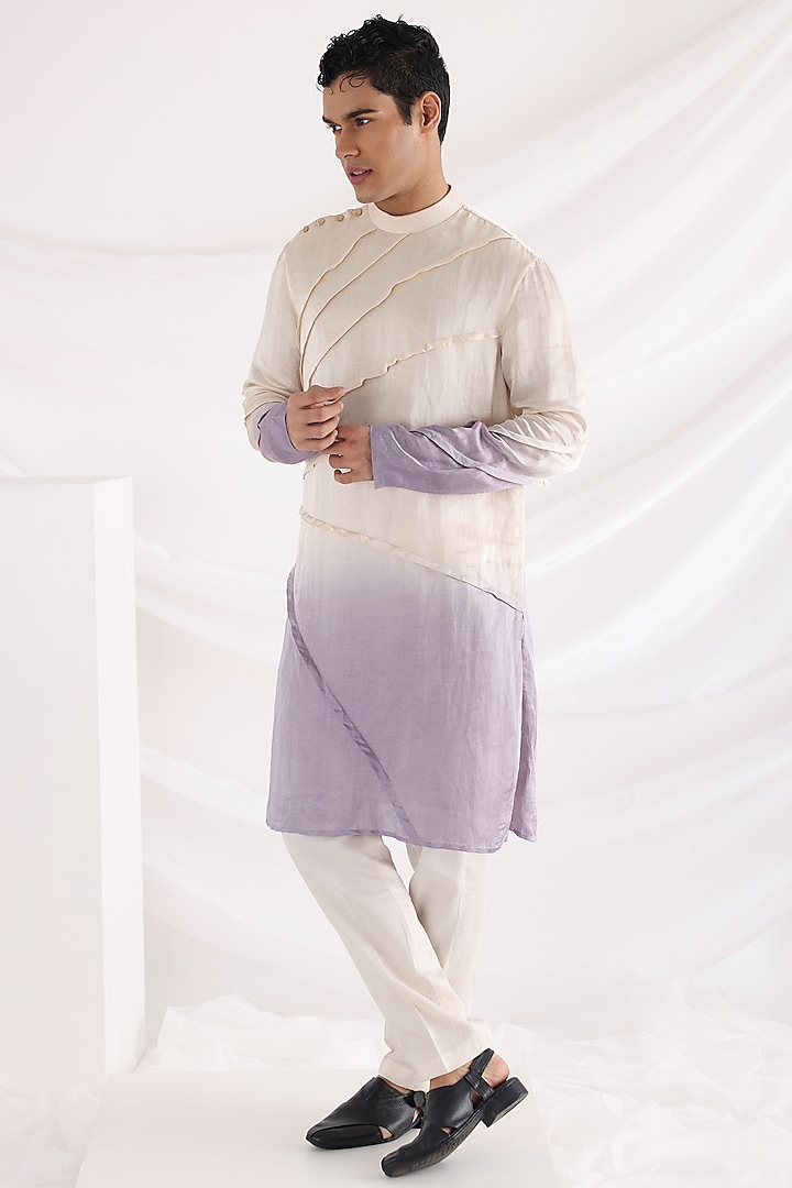 Lavender Ombre Linen Satin Kurta Set by Smriti By Anju Agarwal Men