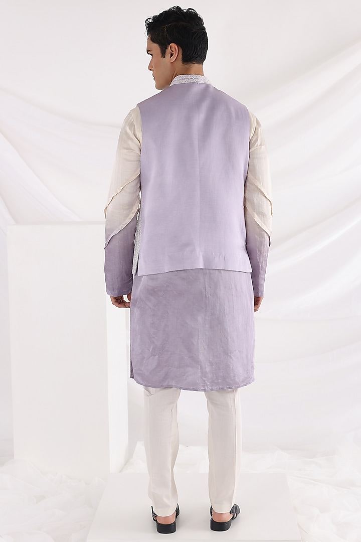 Lavender Linen Satin Nehru Jacket with Kurta Set by Smriti By Anju Agarwal Men at Pernia's Pop Up Shop
