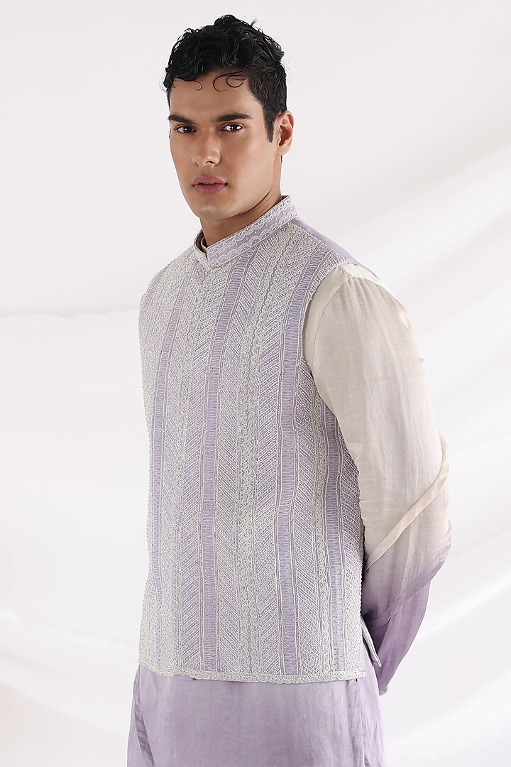 Lavender Linen Satin Nehru Jacket with Kurta Set by Smriti By Anju Agarwal Men at Pernia's Pop Up Shop