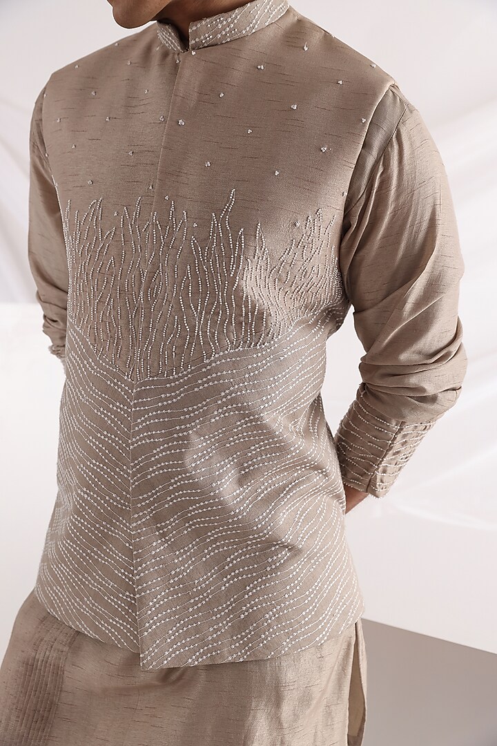 Beige Bam Silk Threadwork Nehru Jacket by Smriti By Anju Agarwal Men at Pernia's Pop Up Shop