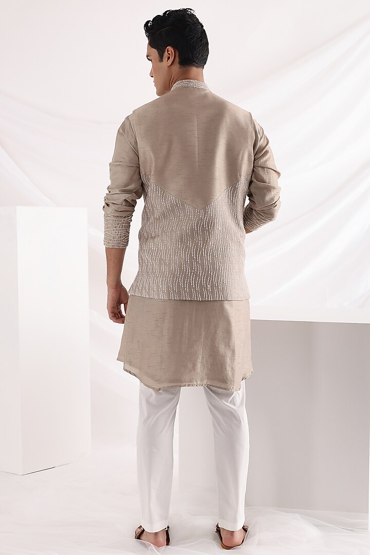 Beige Bam Silk Threadwork Nehru Jacket Set by Smriti By Anju Agarwal Men at Pernia's Pop Up Shop